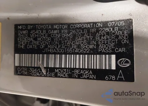 2005 Lexus Es 330 из США, поврежденный, VIN JTHBA30G155140622